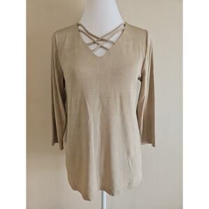 CHICO'S Travelers Women Blouse Top 3/4 Sleeve V-Neck Beige Travel XL Crisscross